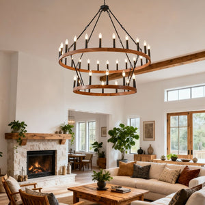 English Elm 47.24 Inch Two-tier Wagon Wheel Chandelier 36-light Wood Grain Metal Farmhouse Foyer Fixture W5008P392657