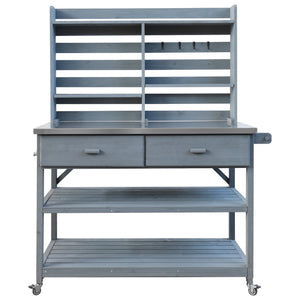English Elm K&K 64.9" Outdoor Potting Bench with 1.2" Stainless Steel Top, Lockable Wheels, Hutch & Drawers Grey+Blue N707P228274G