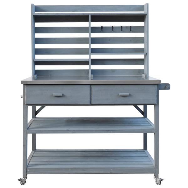 English Elm K&K 64.9" Outdoor Potting Bench with 1.2" Stainless Steel Top, Lockable Wheels, Hutch & Drawers Grey+Blue N707P228274G