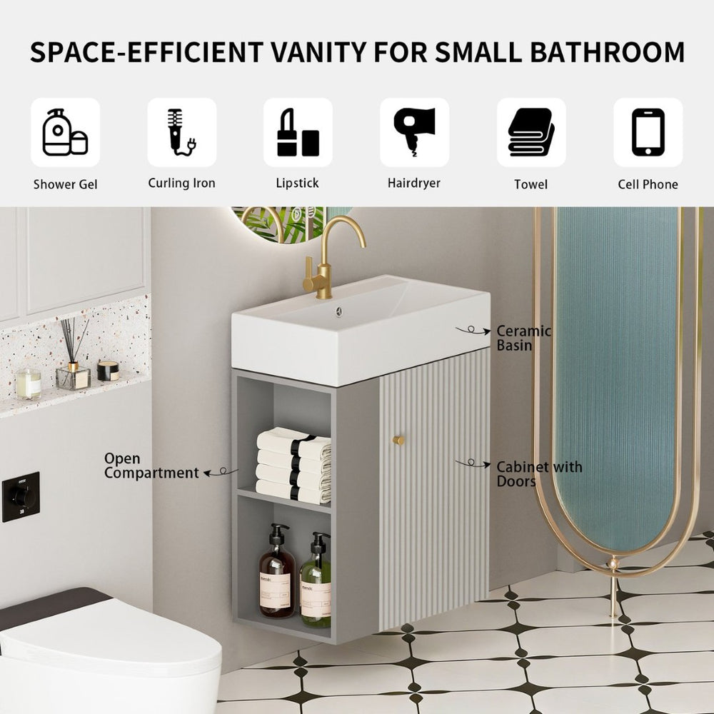 English Elm 21.6" Floating Bathroom Vanity with Ceramic Sink Open Shelving and Soft Close Storage W1573S00092