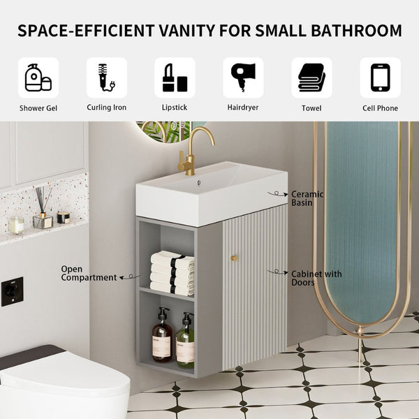 English Elm 21.6" Floating Bathroom Vanity with Ceramic Sink Open Shelving and Soft Close Storage W1573S00092