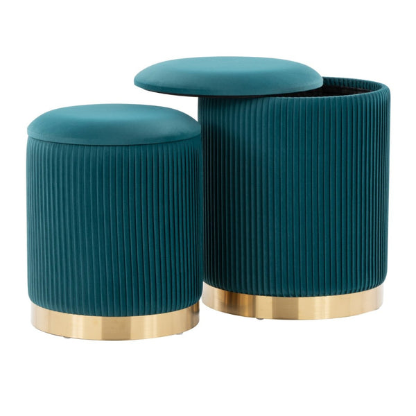 English Elm Nesting Pleated Velvet Ottoman Pair with Polished Gold Base Glam Living Room Accent B202P471499