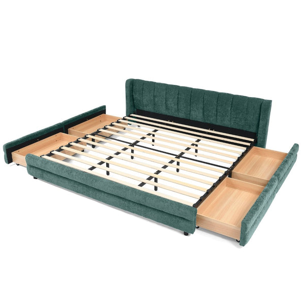 English Elm King Chenille Upholstered Platform Bed with Storage Drawers and Structured Headboard Blue+Green W487S00416