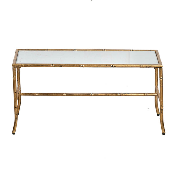 English Elm 36x16x16.5" Bamboo-Style Antique Gold Coffee Table with Glass Top — Vintage Luxe, Sunroom-Ready Statement Piece W2078P370593