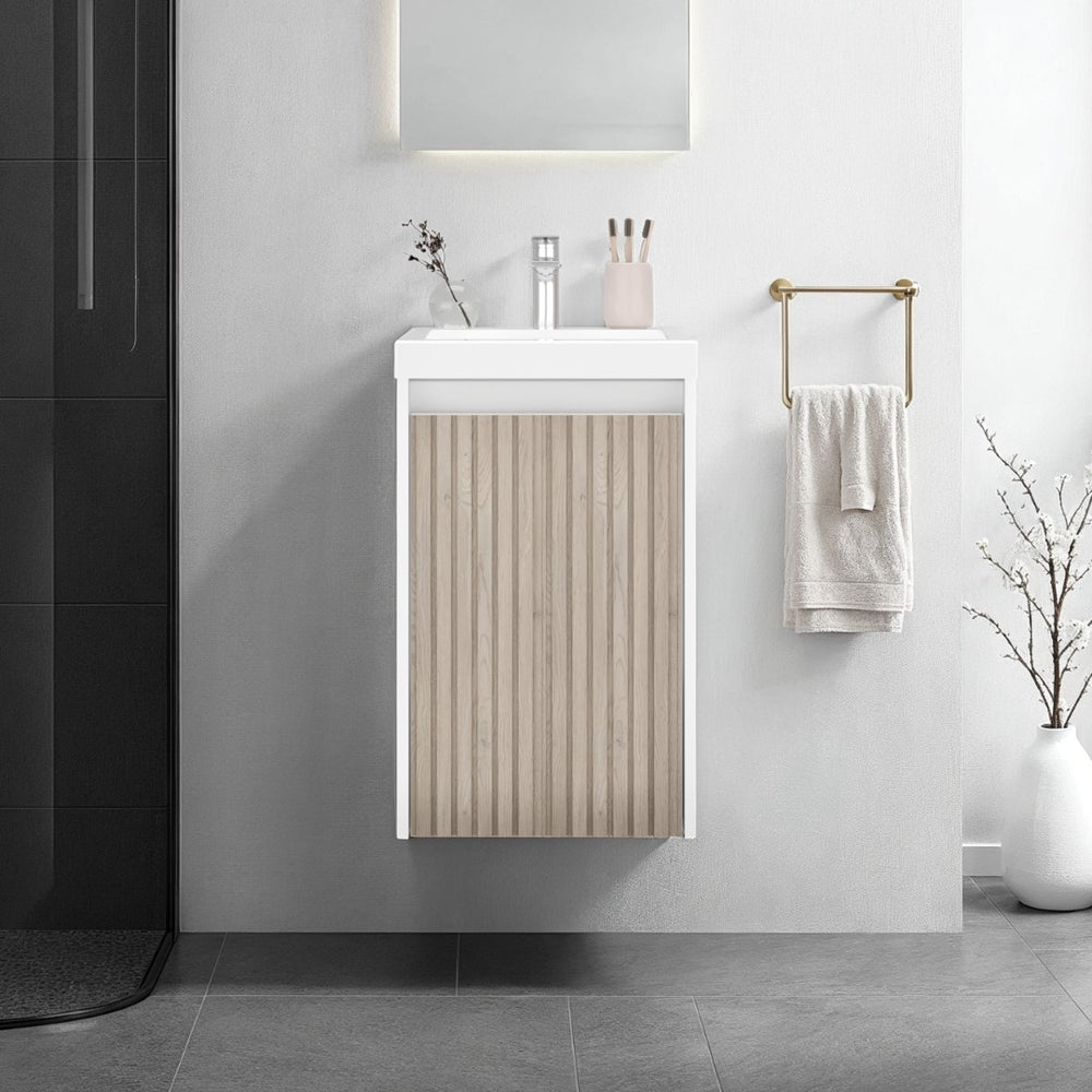 English Elm Syracuce Floating Vanity with Fluted Door Resin Sink and Shelved Storage for Small Bathrooms B200P484461