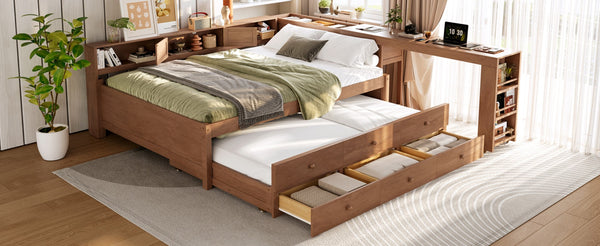 English Elm Twin Daybed Pine Frame with Trundle Desk Hutch Shelves and Storage for Kids Rooms Brown W1580S00462