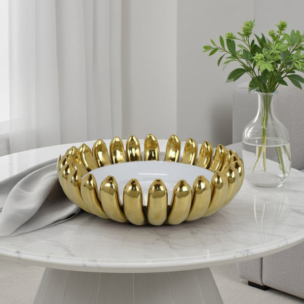 English Elm Milly Gold Petal Rim Ceramic Bowl Glossy White Sculptural Centerpiece for Home Decor B056P417013