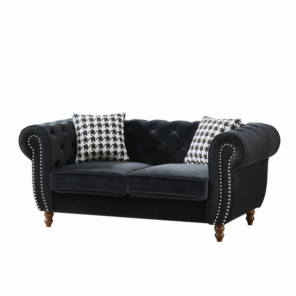 English Elm 67"Chesterfield Velvet 2-Seater Sofa with Nailhead Trim, Roll Arms, Hardwood Frame, Luxurious Comfort Black W3373S00011