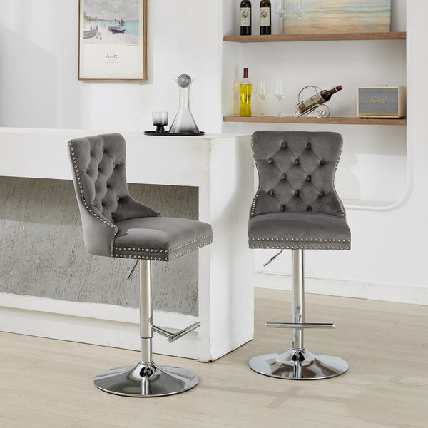 English Elm Thick Velvet Swivel Barstools with 17.7" Chrome Base, Tufted Diamond Pleating, Comfort Foam Seats Gray W1143P335043
