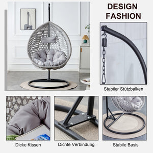English Elm 76.8-inch Hand Woven Rattan Egg Swing Chair Indoor Outdoor with Cushion Lumbar Pillow Gray W1512P498595