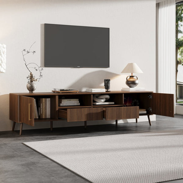 English Elm 78 Inch Walnut Entertainment Center Fluted Doors Solid Wood Legs for Living Room N710P372538P