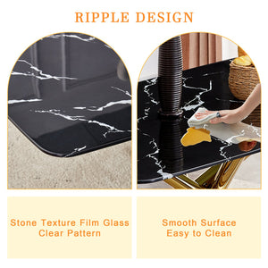 English Elm 63"x35.4" Luxurious Marble-Patterned Tempered Glass Dining Table with Gold Fork Legs, Scratch-Resistant Elegance Black+Gold W1151S03298