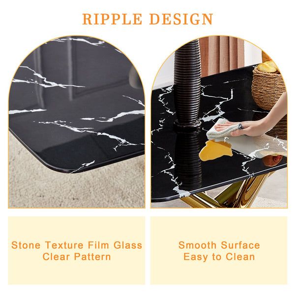 English Elm 63"x35.4" Luxurious Marble-Patterned Tempered Glass Dining Table with Gold Fork Legs, Scratch-Resistant Elegance Black+Gold W1151S03298