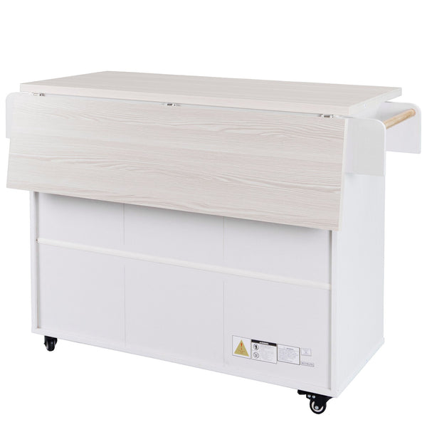 English Elm K&K Kitchen Island with Tilt-Out Trash Can, Drop Leaf Counter, Adjustable Shelf, Rolling Cart Ameican White Oak WF326381AAW