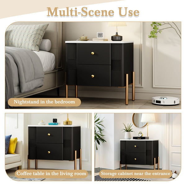 English Elm Christopher Knight Home® - Modern Fluted Nightstand with Two Drawers and Gold Legs, Sleek Textured Bedside Table for Stylish Storage and Easy Cleaning Black 23 L x 18 W x 18 H N761P285710B