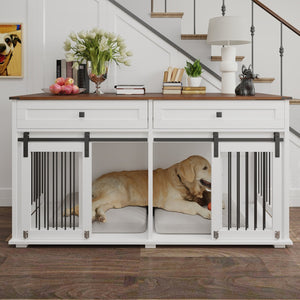 English Elm 63'' Farmhouse Double Dog Crate Furniture with Wood Grain Mdf Build and Storage Drawers W2557P231672