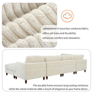 English Elm U_Style Modular Sectional Sofa with Ottoman — Spacious 5-6 Seater L-Shaped Corner Sofa, Plywood Frame, Durable Polyester Upholstery Beige WY000421AAA