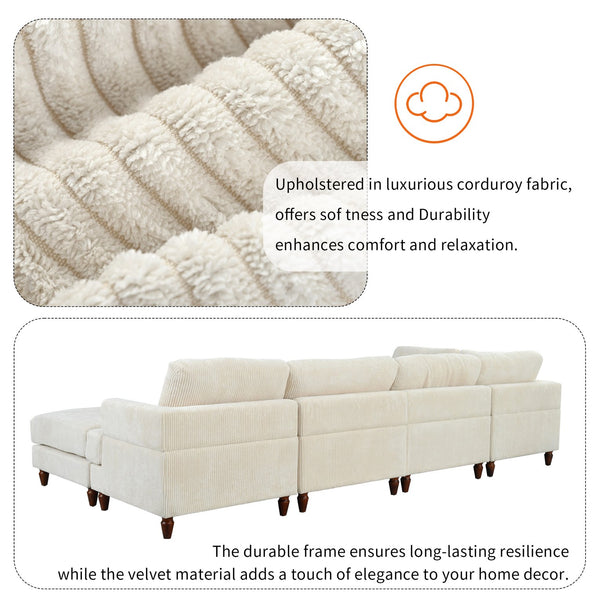 English Elm U_Style Modular Sectional Sofa with Ottoman — Spacious 5-6 Seater L-Shaped Corner Sofa, Plywood Frame, Durable Polyester Upholstery Beige WY000421AAA