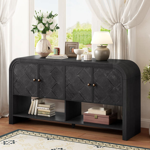 English Elm U_Style woven wood slat console table with solid veneer top, durable MDF frame, 220lb capacity, elegant entryway centerpiece Black N711P269058B