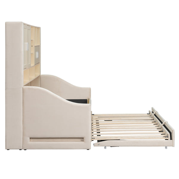 English Elm Twin Upholstered Daybed with LED Armrest Lighting, Hidden Storage Shelves & Lift-Up Pull-Out Trundle Beige SF000198AAA