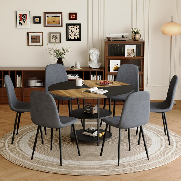 English Elm Table and Chair Set Sunburst Mdf Round Dining for Six with Dual Shelf Black Metal Legs W1151S03850