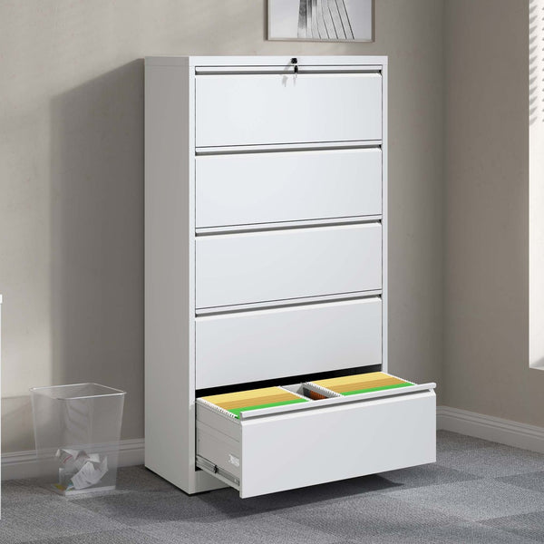 English Elm 5 Drawer Steel Lateral Filing Cabinet Lockable Home Office Organizer Matte Finish White T2398S00006