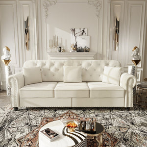 English Elm 82.6"upholstered Velvet Chesterfield Sofa with Button Tufting Nailhead Trim Rolled Arms Beige+White W1885S00370