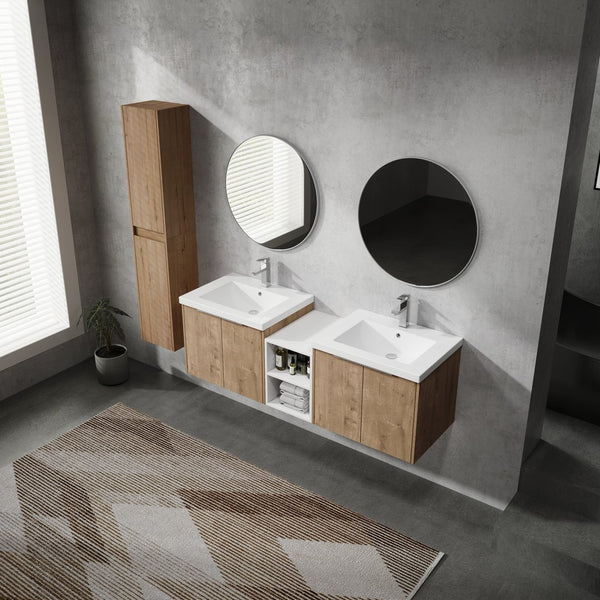 English Elm 60" Wall-Mounted Bathroom Vanity Set With Soft Close Doors, Resin Sinks & Organized Side Cabinets W999S00231