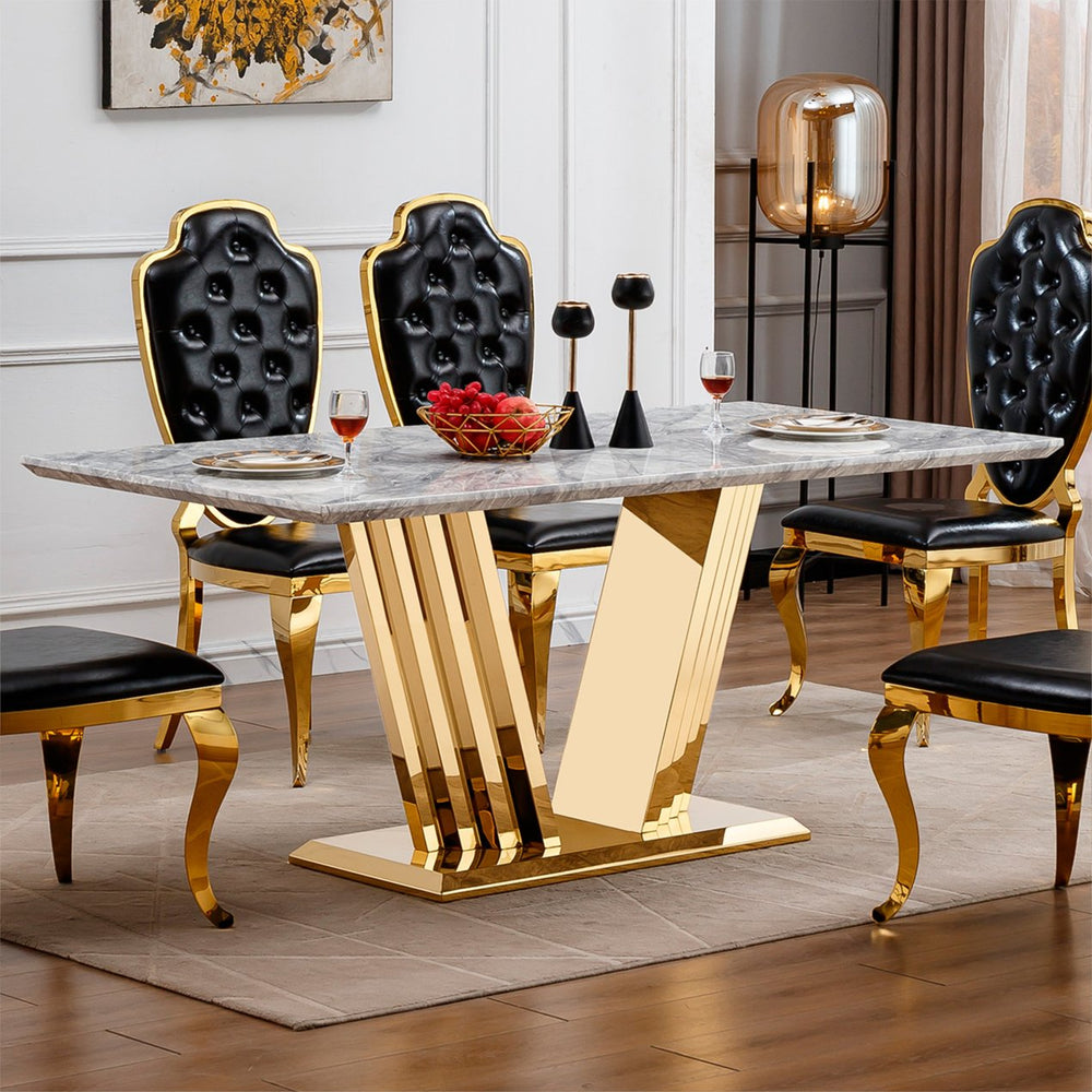 English Elm Marble Dining Table For 6-8 People, Modern Faux Marble Top & Chrome Base, Stylish Kitchen Centerpiece W3456S00049