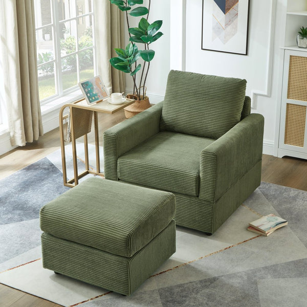 English Elm Classic Corduroy Chaise Lounge with Removable Backrest and Plush Ottoman, Stylish Living Room Seat Green W2186S00010