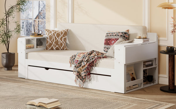 English Elm Queen Daybed with Hydraulic Desk Storage Drawers and Convertible Sofa for Small Spaces White LT000272AAK
