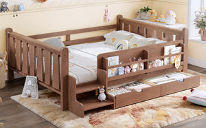 English Elm Twin Kids Platform Bed with Trundle Staircase Bookshelf and Rounded Safety Rails Natural W1580S00540