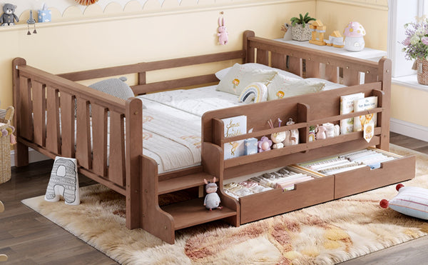 English Elm Twin Kids Platform Bed with Trundle Staircase Bookshelf and Rounded Safety Rails Natural W1580S00540