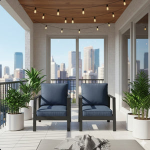 English Elm Set of 2 Outdoor Aluminum Patio Armchairs Rust Proof Frame with Plush Foam Cushions Black+Blue B082P454982