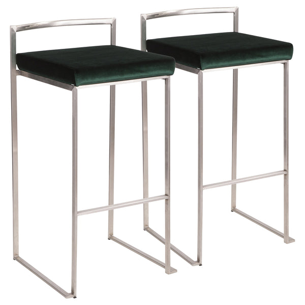 English Elm Fuji Stackable Barstool Set Of 2 In Stainless Steel With Luxurious Green Velvet Cushions For Modern Spaces B202P222171