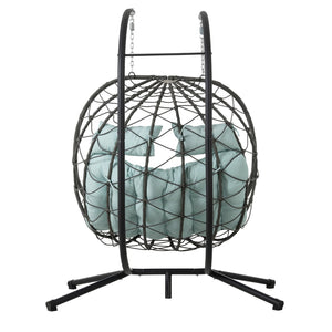 English Elm 2 Person Wicker Hanging Egg Chair with Freestanding Stand Outdoor Patio Swing Seat Blue W1703P444372