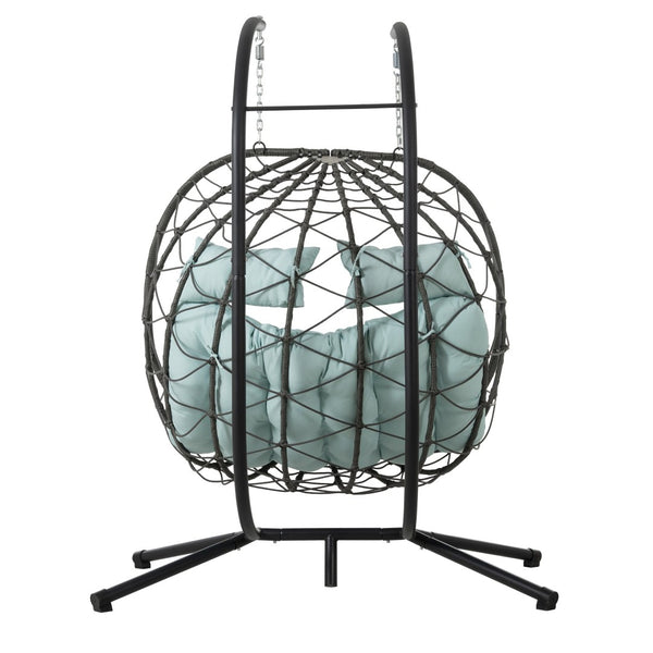 English Elm 2 Person Wicker Hanging Egg Chair with Freestanding Stand Outdoor Patio Swing Seat Blue W1703P444372