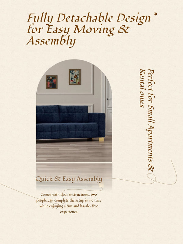 English Elm FX-P54-RB Modern Chenille 3-Seater Sofa with Wide Arms, Tufted Box Stitching & Stainless Legs for Durable Comfort Retro Blue W576S00170