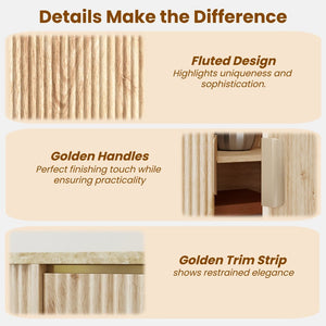 English Elm 60'' Fluted Oak Credenza with Faux Marble Top and Gold Trim Four Door Buffet Natural Wood W5216P454717