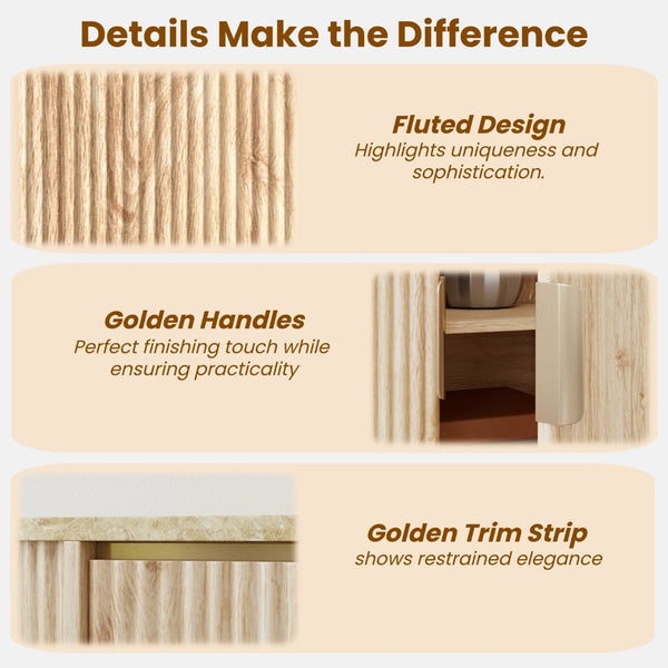 English Elm 60'' Fluted Oak Credenza with Faux Marble Top and Gold Trim Four Door Buffet Natural Wood W5216P454717