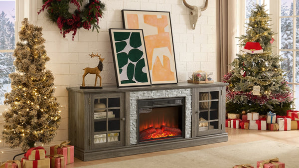 English Elm 70" Modern TV Stand with 23" Electric Fireplace, Faux Stone Mantel, Ample Storage & Cable Management Grey W2275S00024