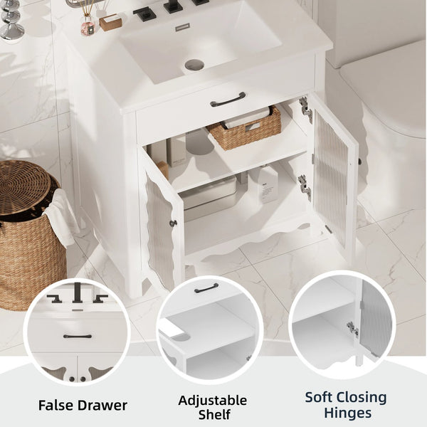 English Elm Christopher Knight Home® - 30 Inches Bathroom Vanity With Tempered Glass Doors, Space-Saving Design, White Rubber Wood Style N817P299499W