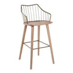 English Elm Fixed-height Farmhouse Barstool Whitewashed Spindle Back Antique Copper Frame Indoor B202P471174