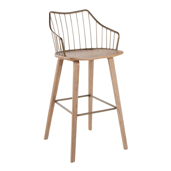 English Elm Fixed-height Farmhouse Barstool Whitewashed Spindle Back Antique Copper Frame Indoor B202P471174