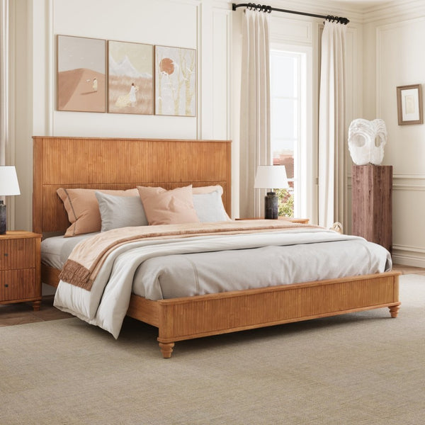 English Elm Solid Rubberwood Queen Platform Bed Tall Headboard Vertical Grain No Box Spring W5819S00003