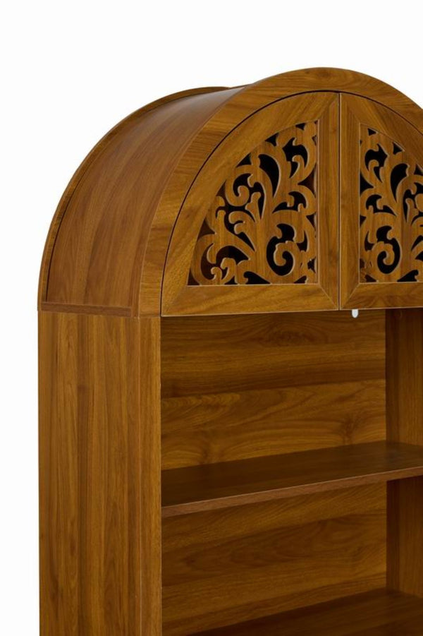 English Elm Vintage Hand-carved Solid Wood Bookcase Tall Arched Open Shelf Cabinet for Living Room W3123P485777