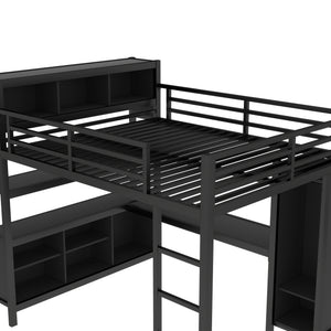 English Elm Metal Loft Bed With Wardrobe, L-Shaped Desk & Storage Cubes - Stylish Space-Saving Queen Solution W1580S00109