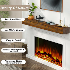 English Elm Fireplace Mantel - 74" Handcrafted Solid Pine Floating Shelf, Dark Chocolate Finish For Stylish Display T3210P391500