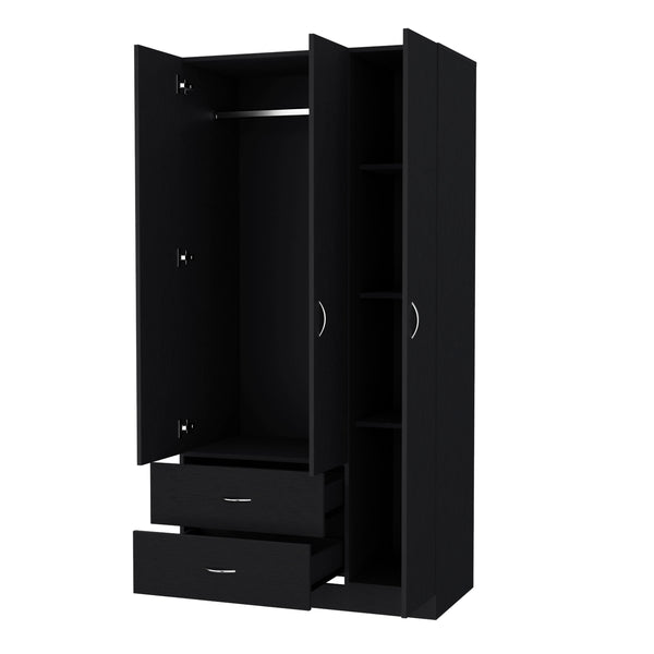 English Elm Eureka Spacious Three-Door Armoire with Two Drawers, Shelves and Rod for Organized Storage Black 39 L x 22 W x 5 H B128S00086