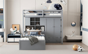 English Elm Twin Bunk Bed with Wardrobe Drawers Hydraulic Lift Shelves Kids Storage Gray LT000666AAE-1